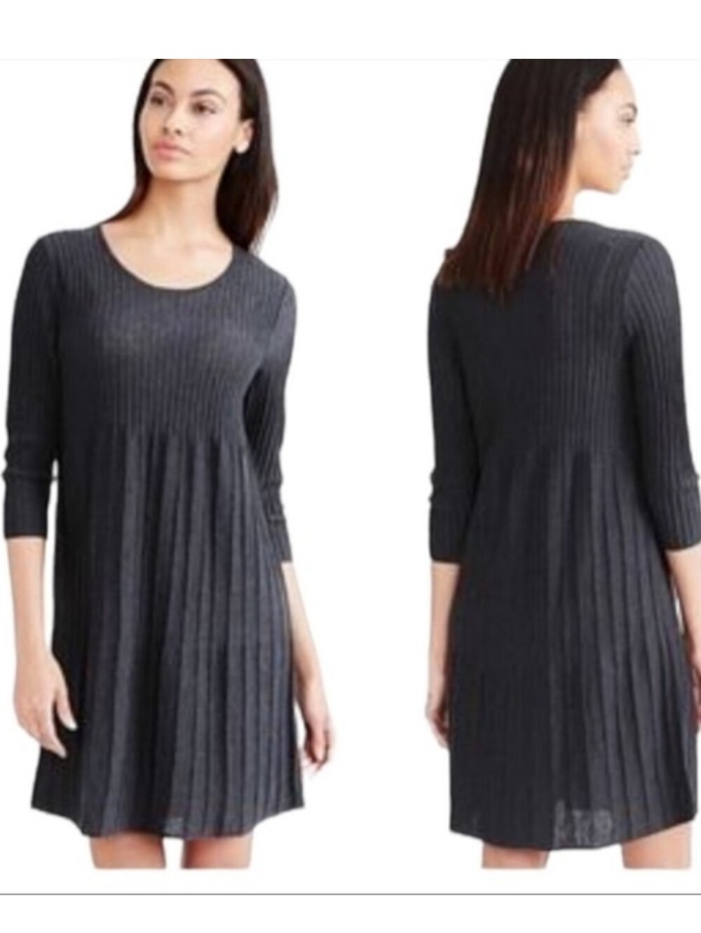 EILEEN FISHER Washable-Wool Scoop-Neck Dress, Gray, Size S Petite, 100% Wool